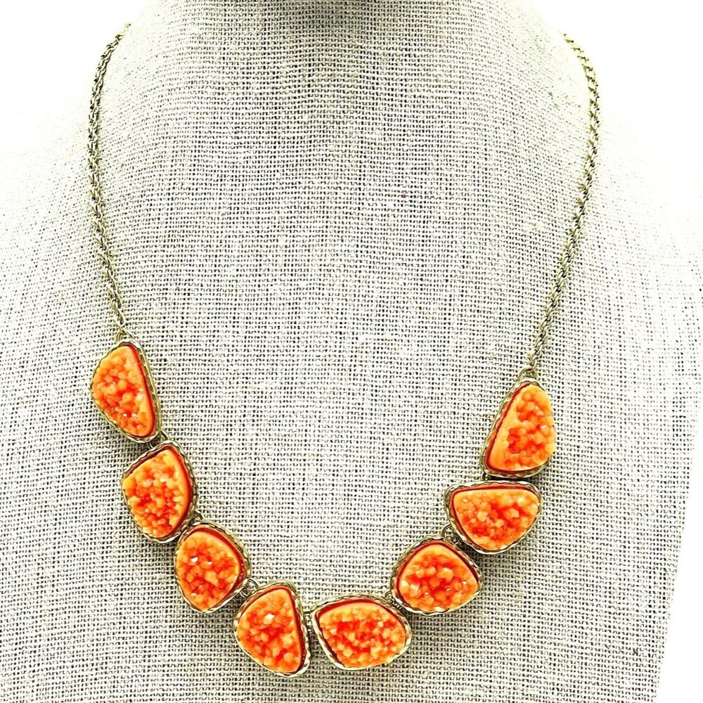 Vintage Orange Faux Druzy Quartz Necklace Gold Tone Statement
